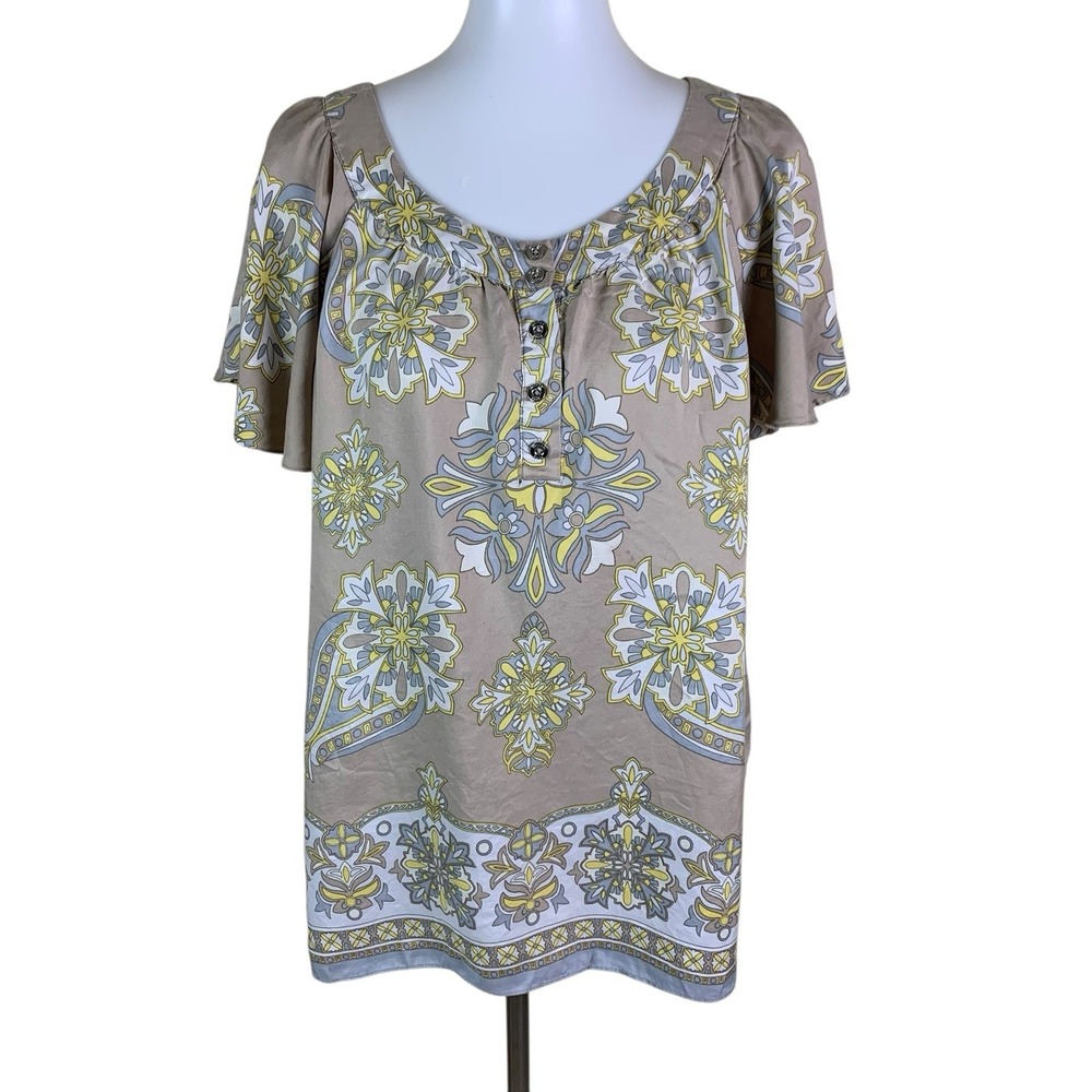 Michael Michael Kors Silk Boho Floral Blouse L Beige Yellow Silk